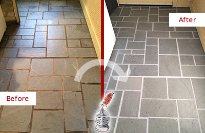 Before and After Picture of Damaged Bartlett Slate Floor with Sealed Grout