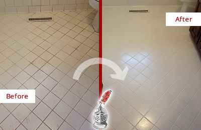 Before and After Picture of a Cordova White Bathroom Floor Grout Sealed for Extra Protection