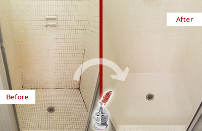 Before and After Picture of a Brighton Bathroom Grout Sealed to Remove Mold