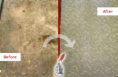 Before and After Picture of a Olive Branch Mosaic Shower Cleaned to Eliminate Embedded Dirt