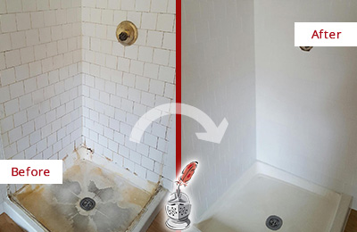 Before and After Picture of a Walls Shower Cleaned to Eliminate Mold