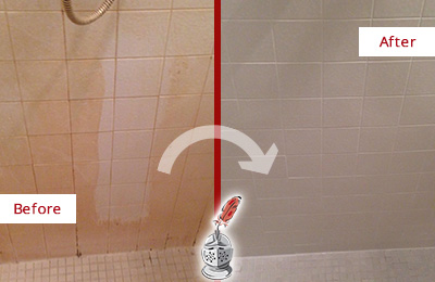 Before and After Picture of a Cordova Porcelaine Shower Cleaned to Remove Soap Scum